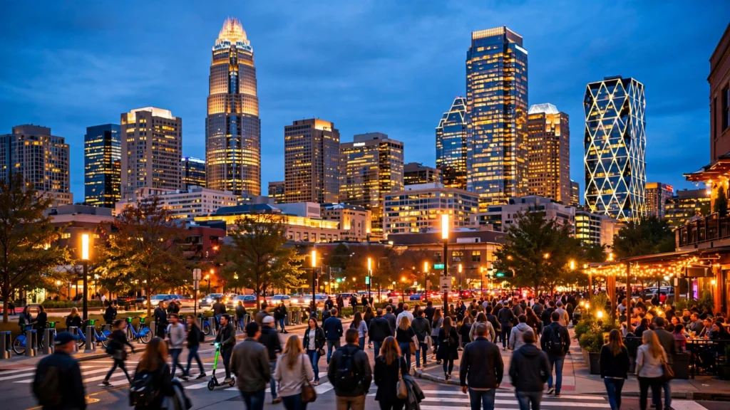 Charlotte skyline at dusk ahead of a weekend of concerts, sports and festivals