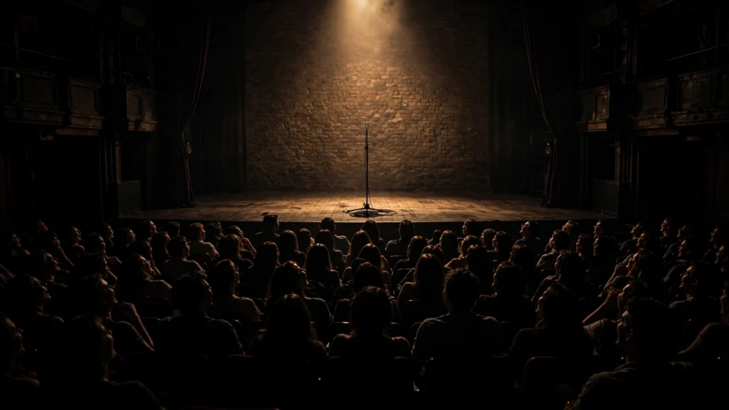 A comedy stage with a microphone under a spotlight before a live show