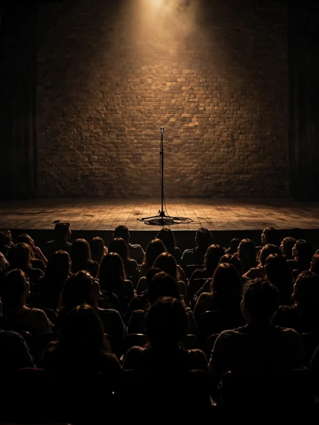 A comedy stage with a microphone under a spotlight before a live show