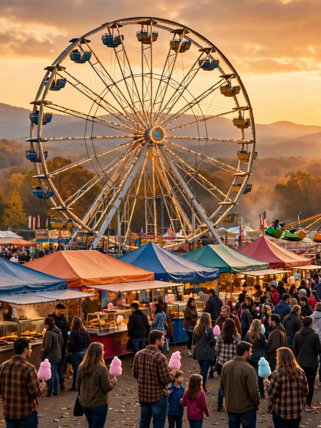 Ferris wheel and fairground rides at the NC State Fair in Raleigh at golden hour
