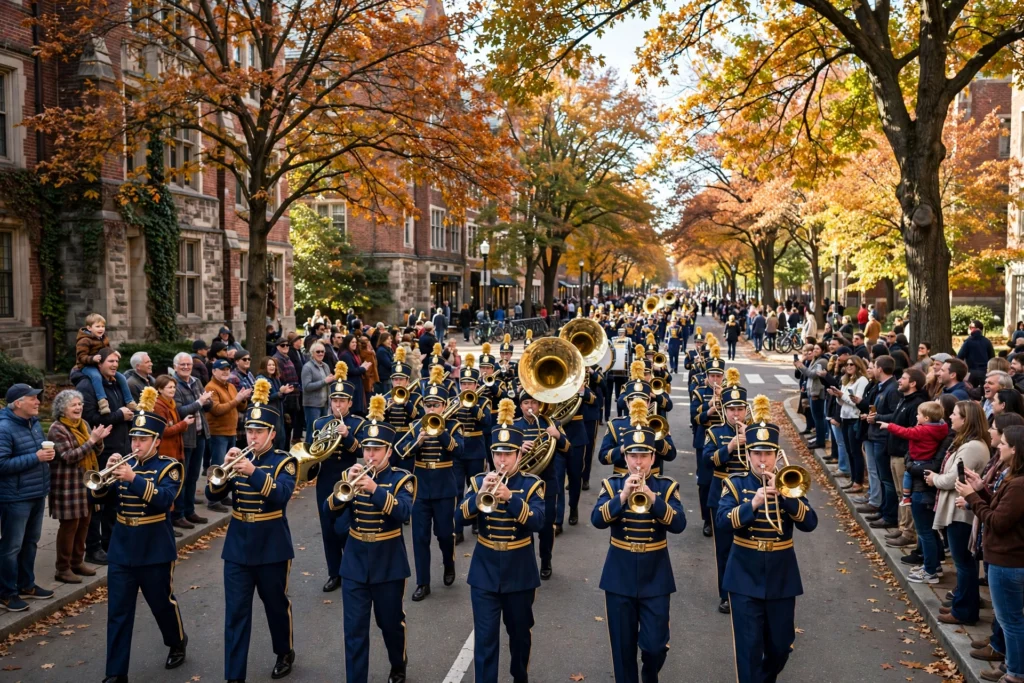 Marching band in blue and gold leading a homecoming parade in Greensboro