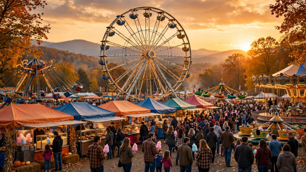 Ferris wheel and fairground rides at the NC State Fair in Raleigh at golden hour